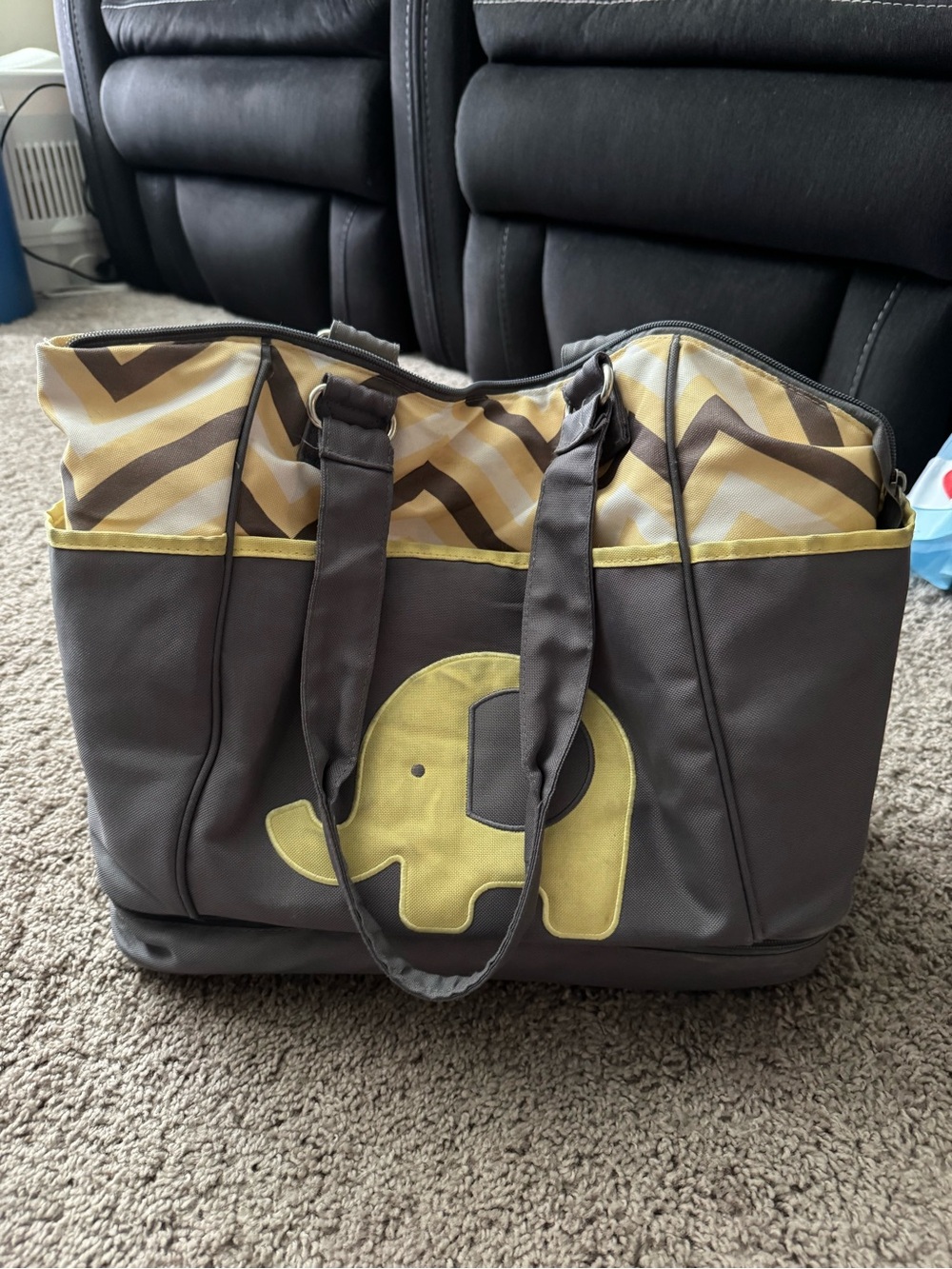 Gray Diaper Bag w/Yellow & White Accents & Yellow Elephant